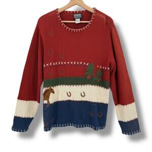 Roughrider by Circle T Western Horse Sweater Red Blue Knit Applique Womens Sz L